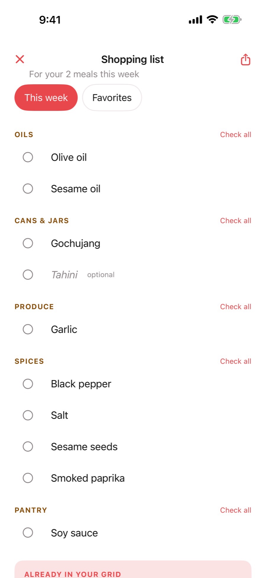Cooking Sudoku — the grocery list grouped by aisle