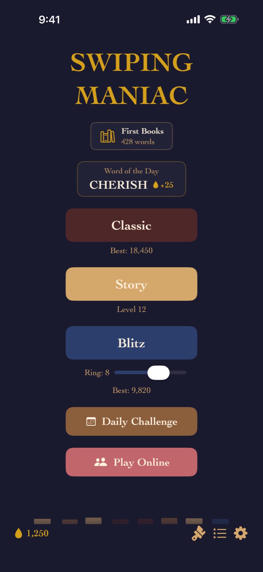 Swiping Maniac — main menu with the five modes and Word of the Day