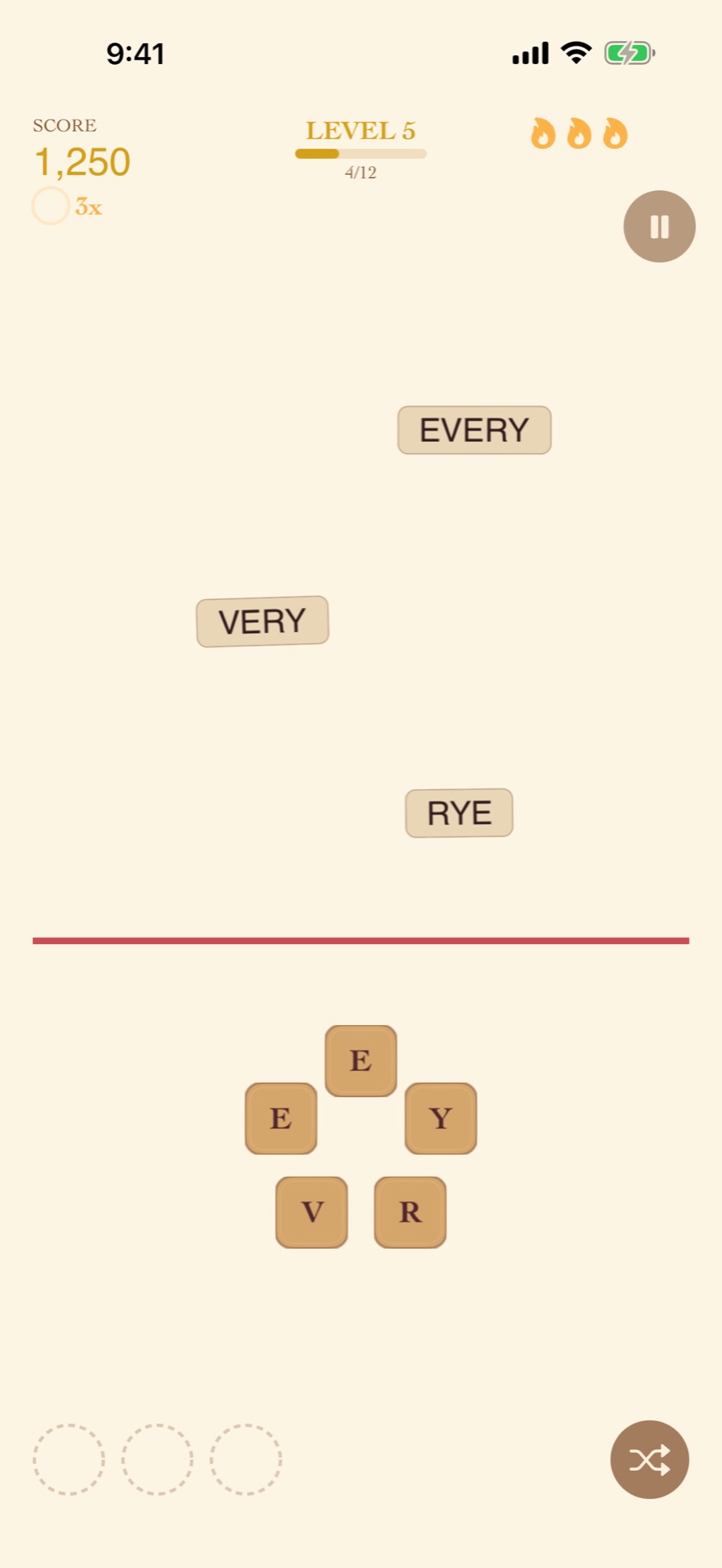 Swiping Maniac — Classic mode, words falling toward the line