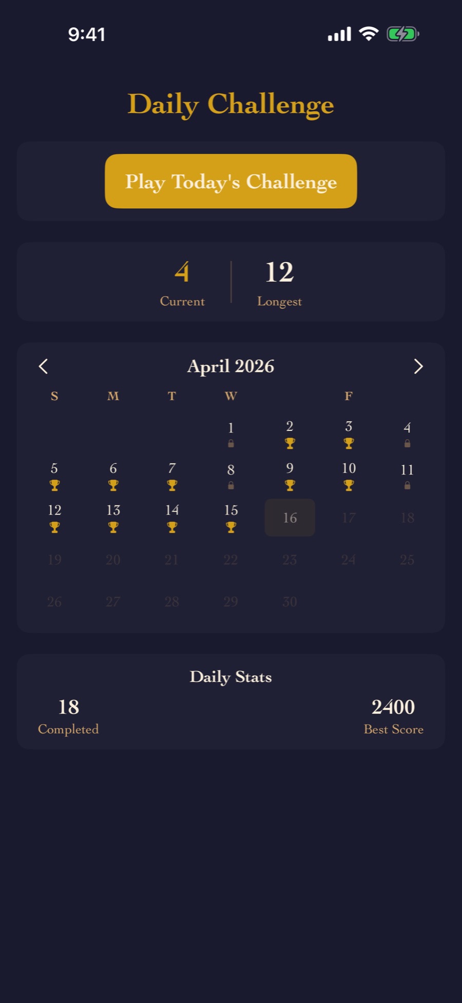 Swiping Maniac — Daily Challenge calendar and streak